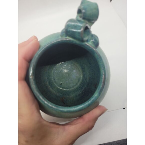 Handthrown Pottery Green Ceramic Mug Ornate Handle Signed Artesian cottage core - Picture 6 of 9